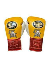 Authentic Yellow and Metallic Red No Boxing No Life professional boxing gloves featuring the grizzly bear graphic and official branding.