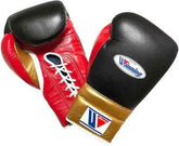 Custom Winning MS-600 professional 16oz lace-up boxing gloves in a tri-color black, red, and metallic gold leather design handcrafted in Japan.
