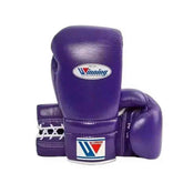 Custom Royal Purple Winning MS-600 professional 16oz lace-up boxing gloves handcrafted in Japan with white laces and official branding.
