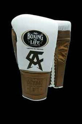 Authentic white and brown No Boxing No Life professional lace-up boxing gloves handcrafted in Mexico with official branding.