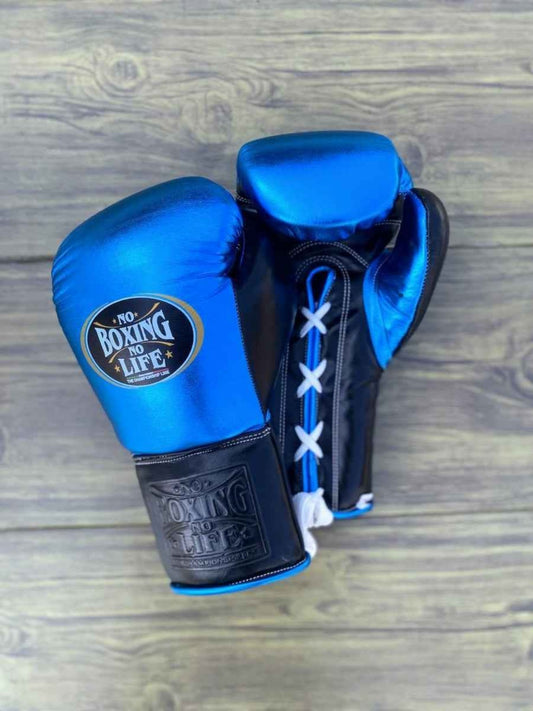 No Boxing No Life blue and black leather boxing gloves and headgear sparring set