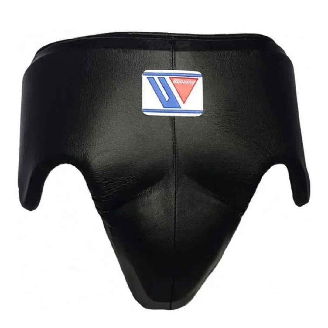 Black protective gear with a logo on a white background