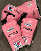 Custom Pink Winning professional sparring set including MS-600 lace-up gloves and FG-2900 headgear handcrafted in Japan.