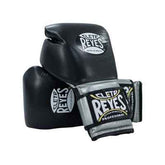 Official Cleto Reyes professional hook-and-loop training boxing gloves in black leather featuring brilliant metallic silver leather cuffs with the traditional black and gold brand patches.