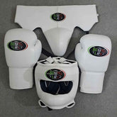No Boxing No Life custom professional sparring set in pure white leather including lace-up gloves, headgear, and groin protector.
