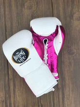 No Boxing No Life custom professional lace-up boxing gloves in white leather with vibrant metallic pink palms and accents.