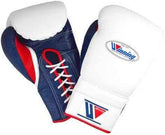 Custom Winning professional lace-up training boxing gloves in a white, navy blue, and red leather tricolor layout featuring white laces and the iconic brand logo crest on the cuffs.