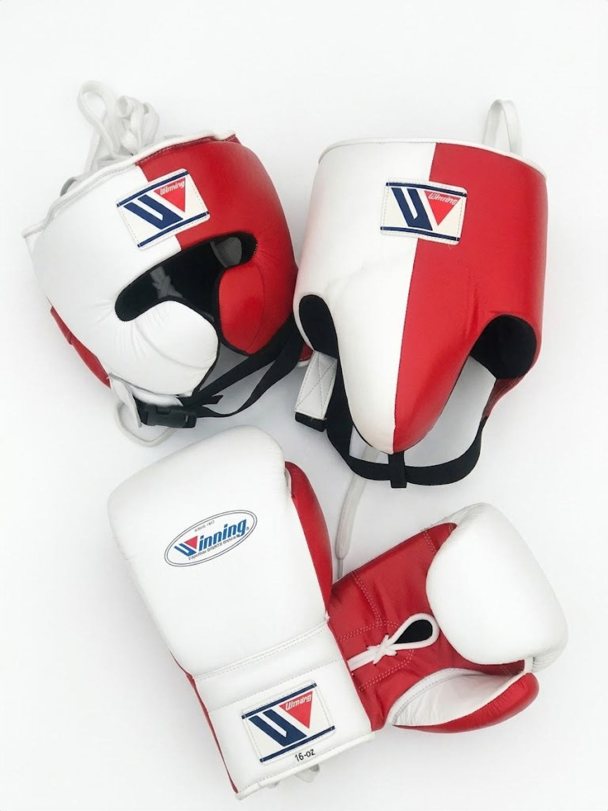 Winning White/Red 3-piece boxing sparring set with lace-up gloves, headgear and groin guard - view 2