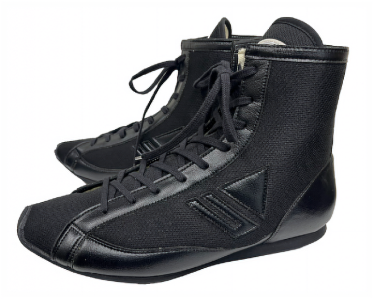 Pair of black high-top Winning RS-100 boxing boots with textured mesh upper and smooth synthetic overlays
