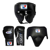 Official Winning professional 3-piece boxing sparring gear set in a matching classic black premium leather colorway, featuring lace-up training gloves, a face guard headgear, and a groin protector isolated against a clean white background.