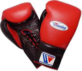 Custom Winning MS-600 professional 16oz lace-up boxing gloves in red leather with black palms and black laces, handcrafted in Japan.