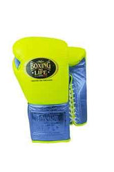 Authentic neon yellow and metallic blue No Boxing No Life professional lace-up boxing gloves handcrafted in Mexico with official branding.