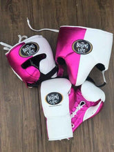 No Boxing No Life custom professional sparring set in metallic pink and white split-leather including lace-up gloves, headgear, and groin protector.