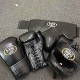 No Boxing No Life custom professional sparring set in matte black leather including lace-up gloves, headgear, and groin protector.