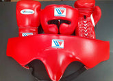 Official Winning professional 3-piece boxing sparring gear set in a matching classic red premium leather colorway, featuring lace-up training gloves, a face guard headgear, and a groin protector grouped together.