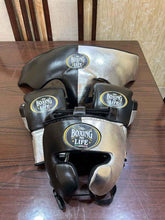 No Boxing No Life professional custom 3-piece boxing sparring gear set featuring matching lace-up gloves, a cheek headguard, and a groinguard in an asymmetrical half black and half metallic silver split leather colorway.