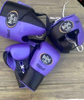 No Boxing No Life custom professional sparring set in purple and black two-tone leather including lace-up gloves, headgear, and groin protector.