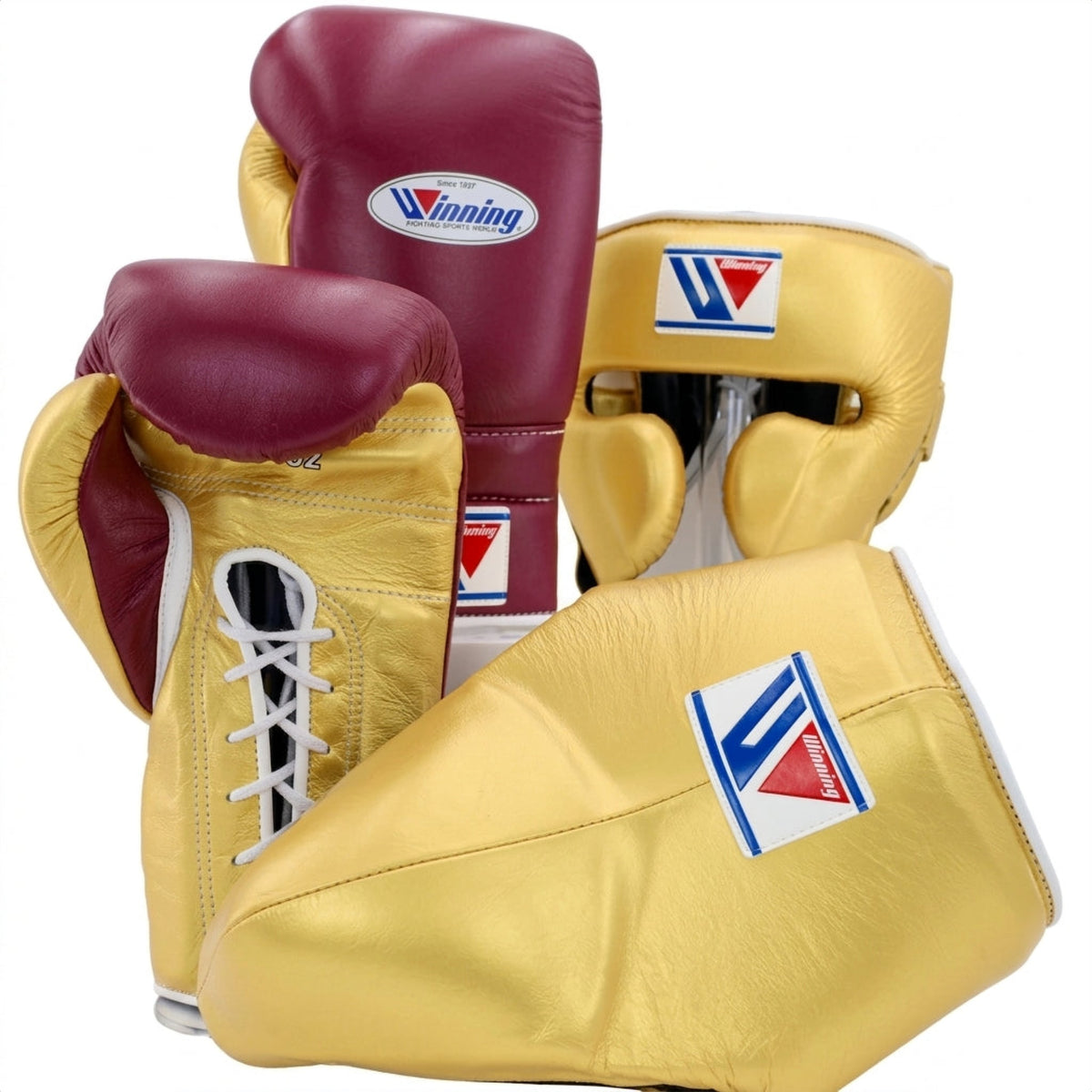 Winning Gold/Maroon 3-piece boxing sparring set with lace-up gloves, FG-2900 headgear, and CPS-500 groin guard