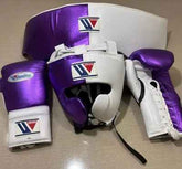 Custom Winning professional 3-piece boxing sparring gear set featuring matching lace-up gloves, a cheek headguard, and a groinguard in an asymmetrical half metallic purple and half pearl white leather colorway.