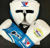Winning custom professional sparring set in white and sky blue leather including MS-300 lace-up gloves and FG-2900 headgear handcrafted in Japan.