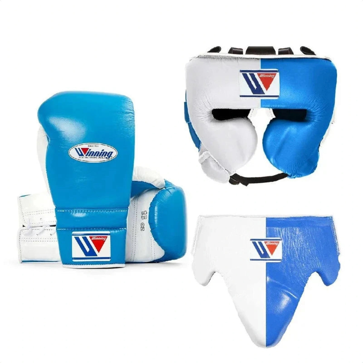 Winning Blue/White 3-piece boxing sparring set with lace-up gloves, FG-2900 headgear, and CPS-500 groin guard