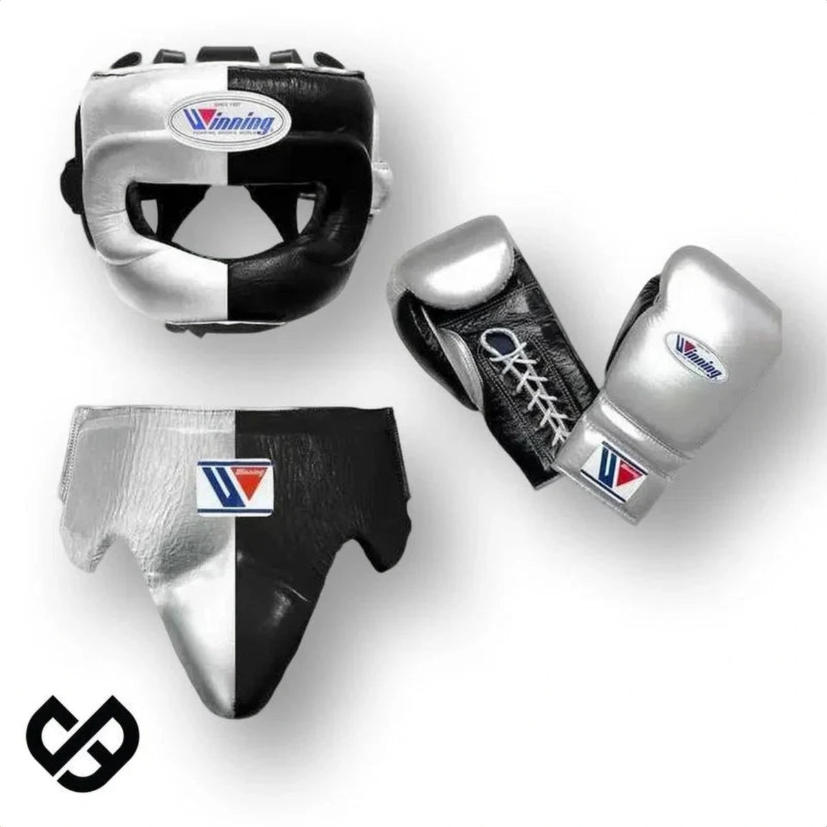 Winning Silver/Black 3-piece boxing sparring set with lace-up gloves, FG-2900 headgear, and CPS-500 groin guard
