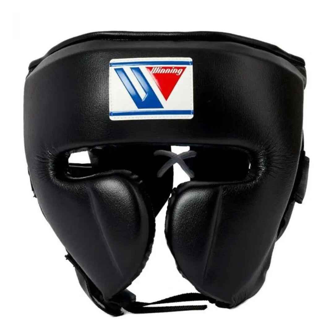 Black boxing headgear with a visible brand logo on a white background