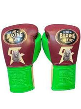 Authentic No Boxing No Life professional boxing gloves in maroon and lime green with grizzly bear graphic and official branding.