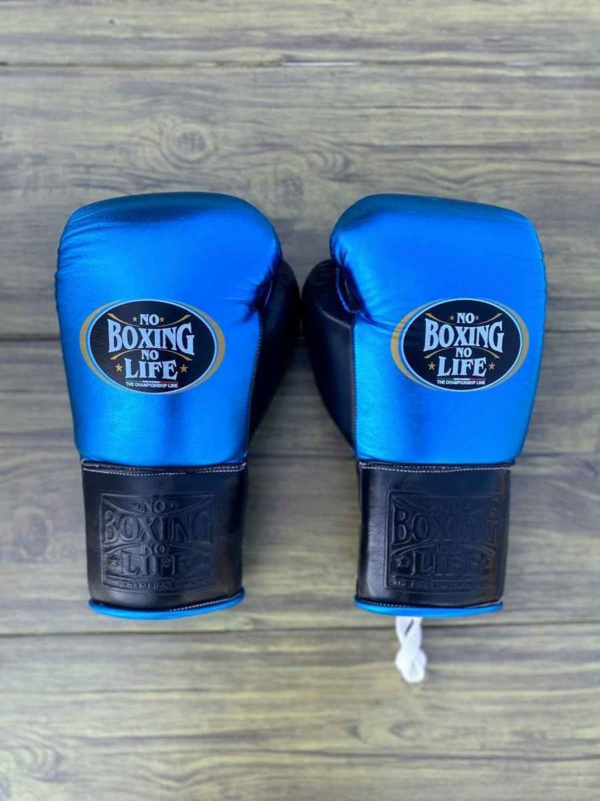 No Boxing No Life metallic blue leather boxing gloves with black cuff and groin guard