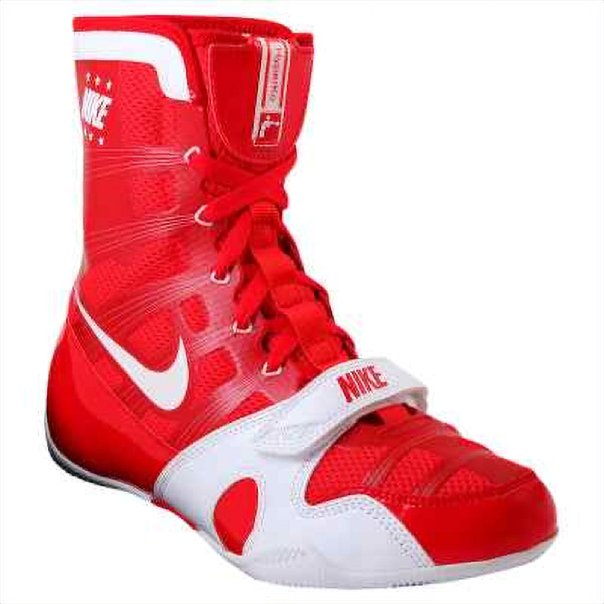 Front three-quarter angle of red and white Nike Hyperko 1 boxing boot showing lacing and strap detail