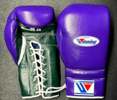 Custom Winning professional 16oz lace-up boxing gloves featuring a royal purple leather striking face and thumb paired with a rich dark green leather palm and white laces.