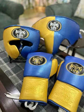 No Boxing No Life custom professional sparring set in blue and gold two-tone leather including lace-up gloves, headgear, and groin protector.
