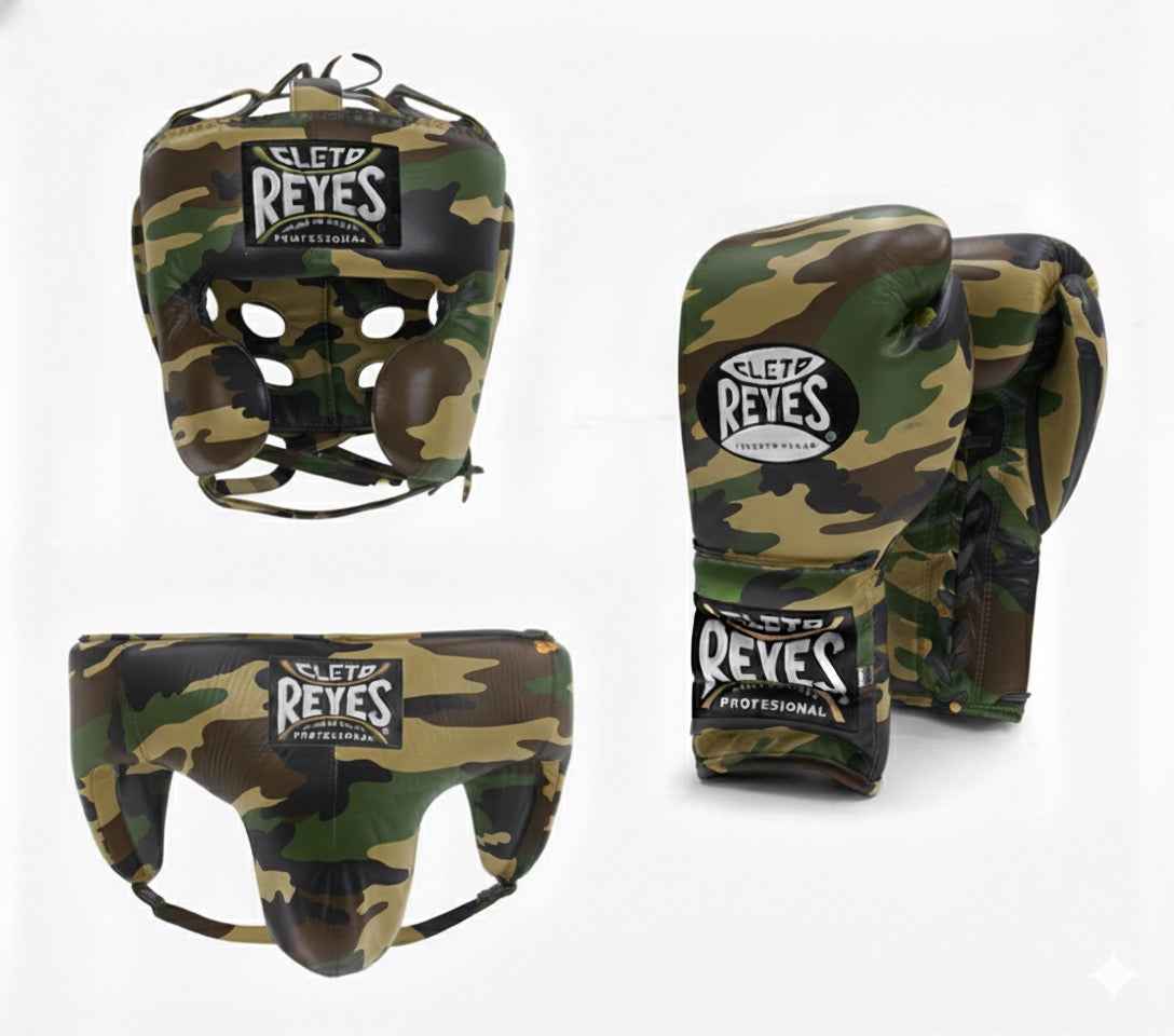 Official Cleto Reyes professional 3-piece boxing sparring gear set featuring matching lace-up gloves, a cheek protector headguard, and a groinguard in a uniform limited-edition woodland military camouflage leather design.