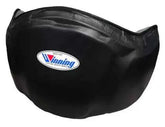 Winning CM-50 professional boxing coach body protector in black leather with official branding logo and contoured protective frame.