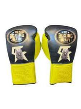 Authentic Black and Yellow No Boxing No Life professional boxing gloves featuring the grizzly bear graphic and official branding.