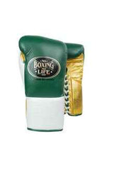 Authentic Forest Green, White, and Metallic Gold No Boxing No Life professional lace-up boxing gloves handcrafted in Mexico with official branding.