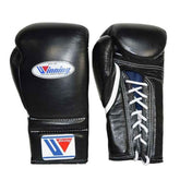 Official Winning professional lace-up training boxing gloves in premium black leather featuring white laces, a white contrast accent line, and the iconic brand logo crest on the cuffs.