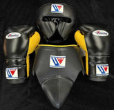 Winning Professional Boxing Training Set - Custom Black & Metallic Gold (Gloves, Headgear & Groin Guard) - PunchPro Boxing