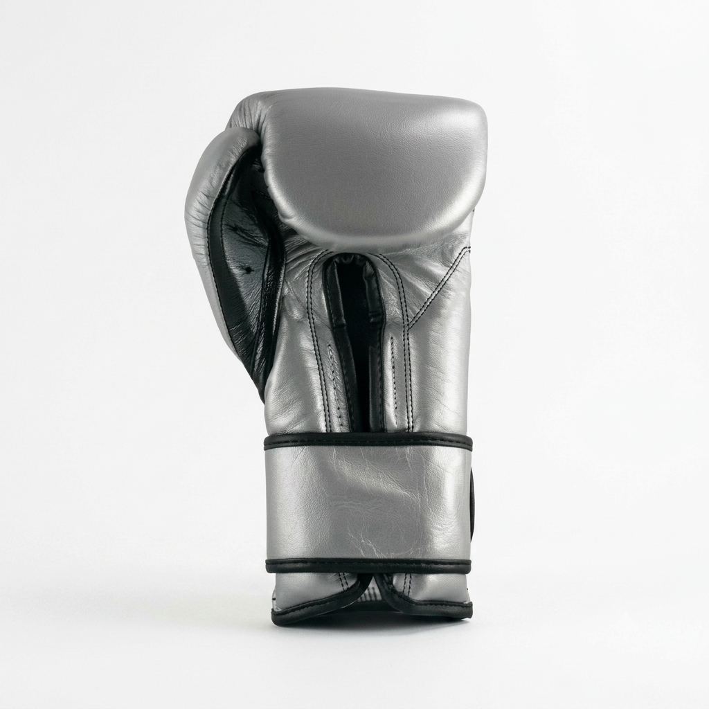 Single Cleto Reyes metallic silver boxing glove with black trim shown from the side