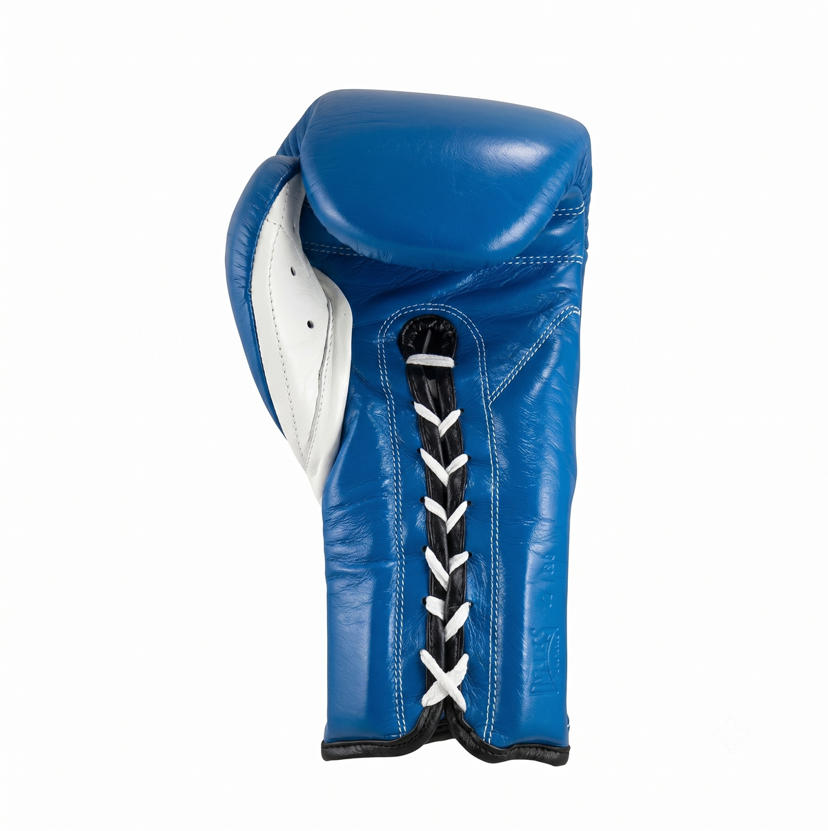 Cleto Reyes royal blue leather boxing glove with white laces and white inner lining shown from the side