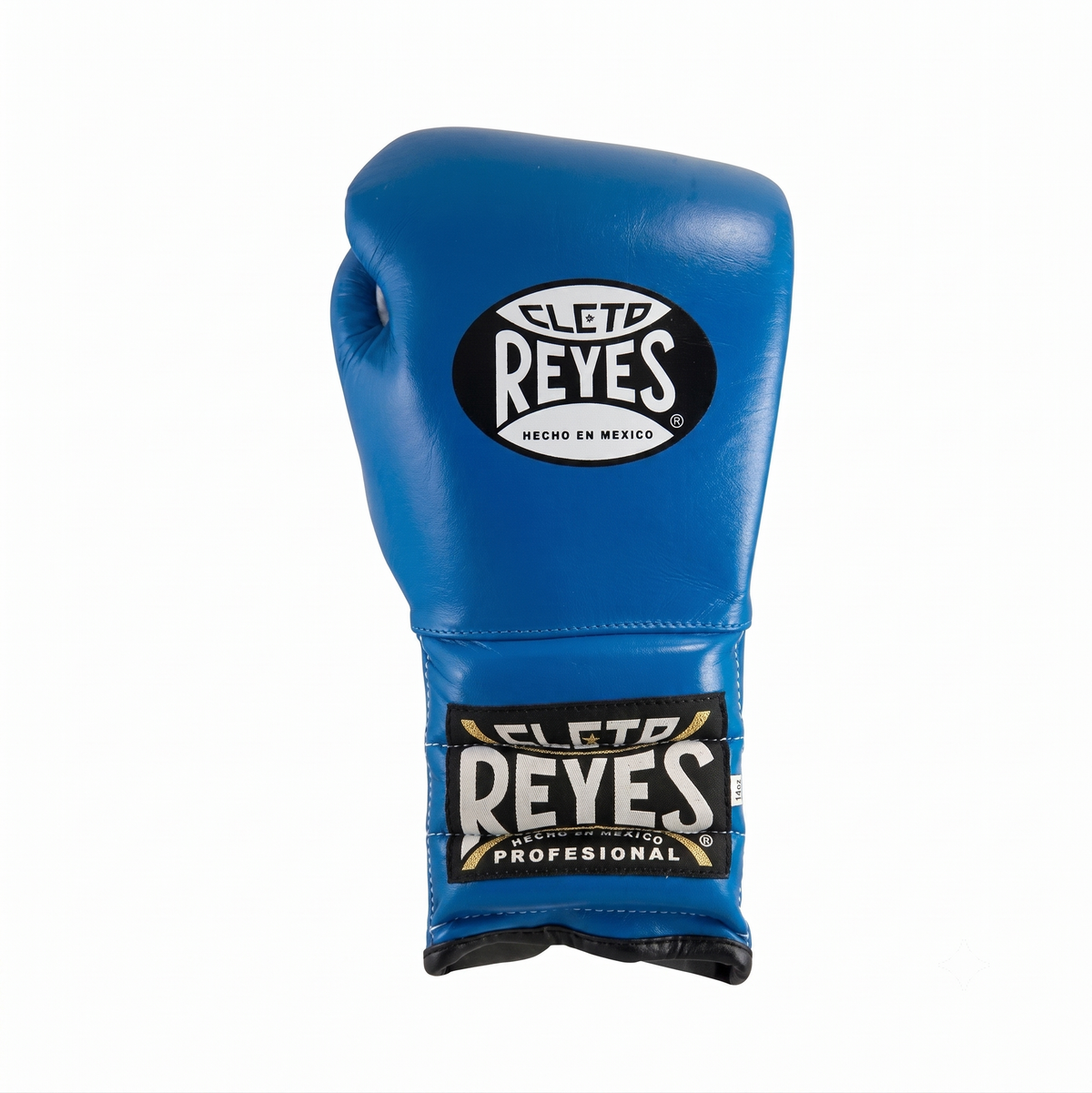 Single Cleto Reyes royal blue leather boxing glove with brand logo on back and wrist strap