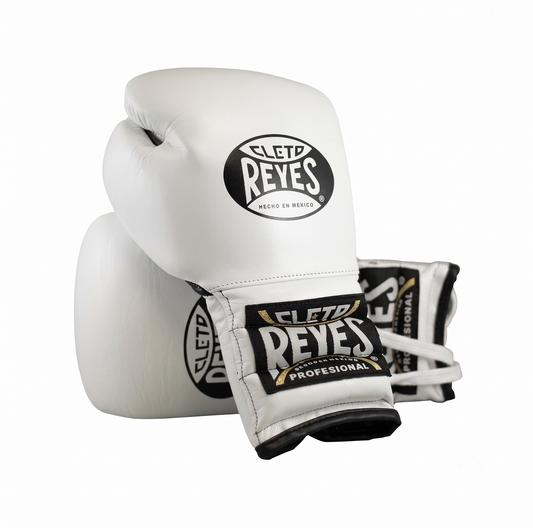 Cleto Reyes white boxing gloves pair with black and gold branding