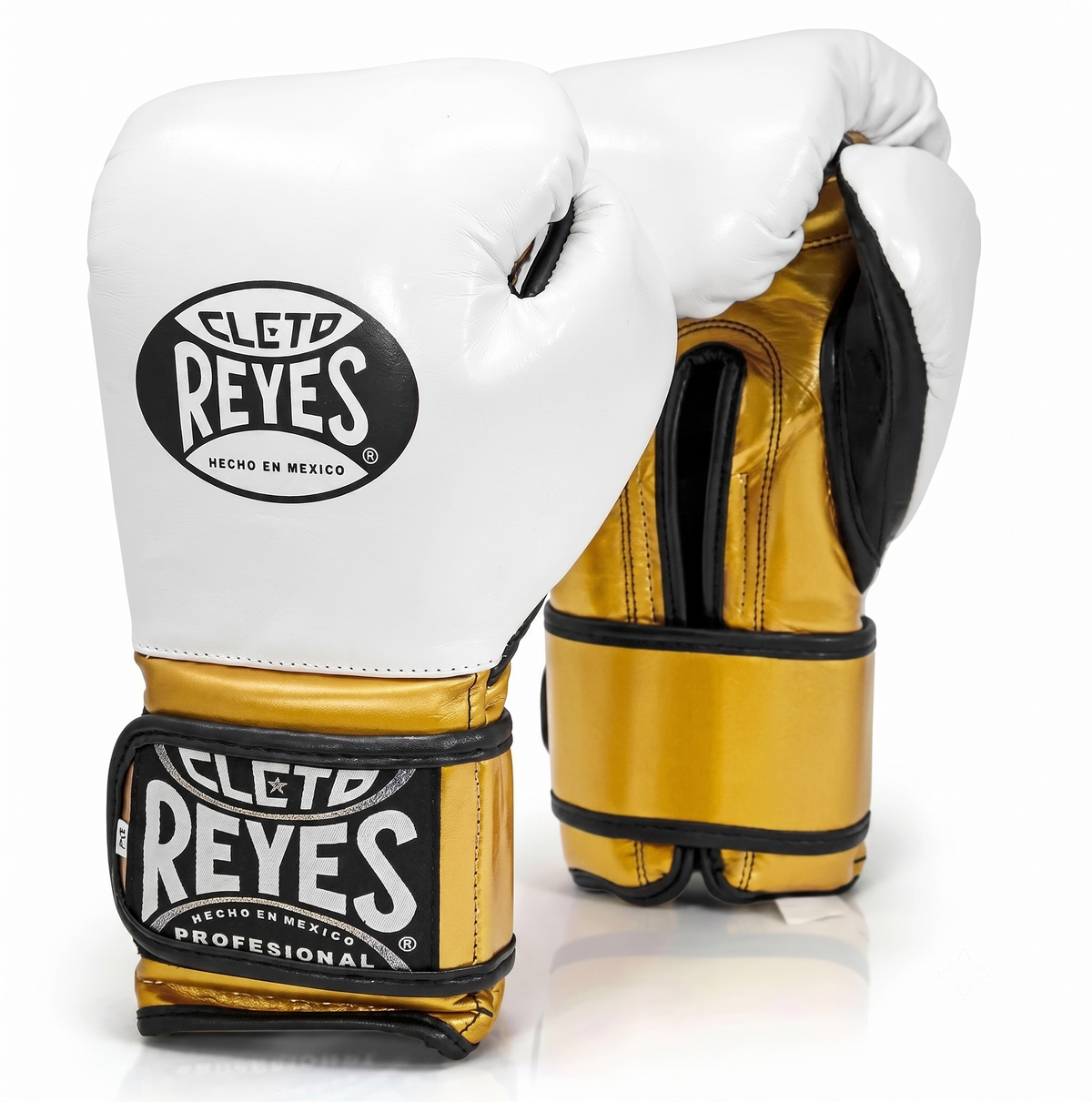 Cleto Reyes White and Gold Metallic Velcro training boxing gloves with black trim piping