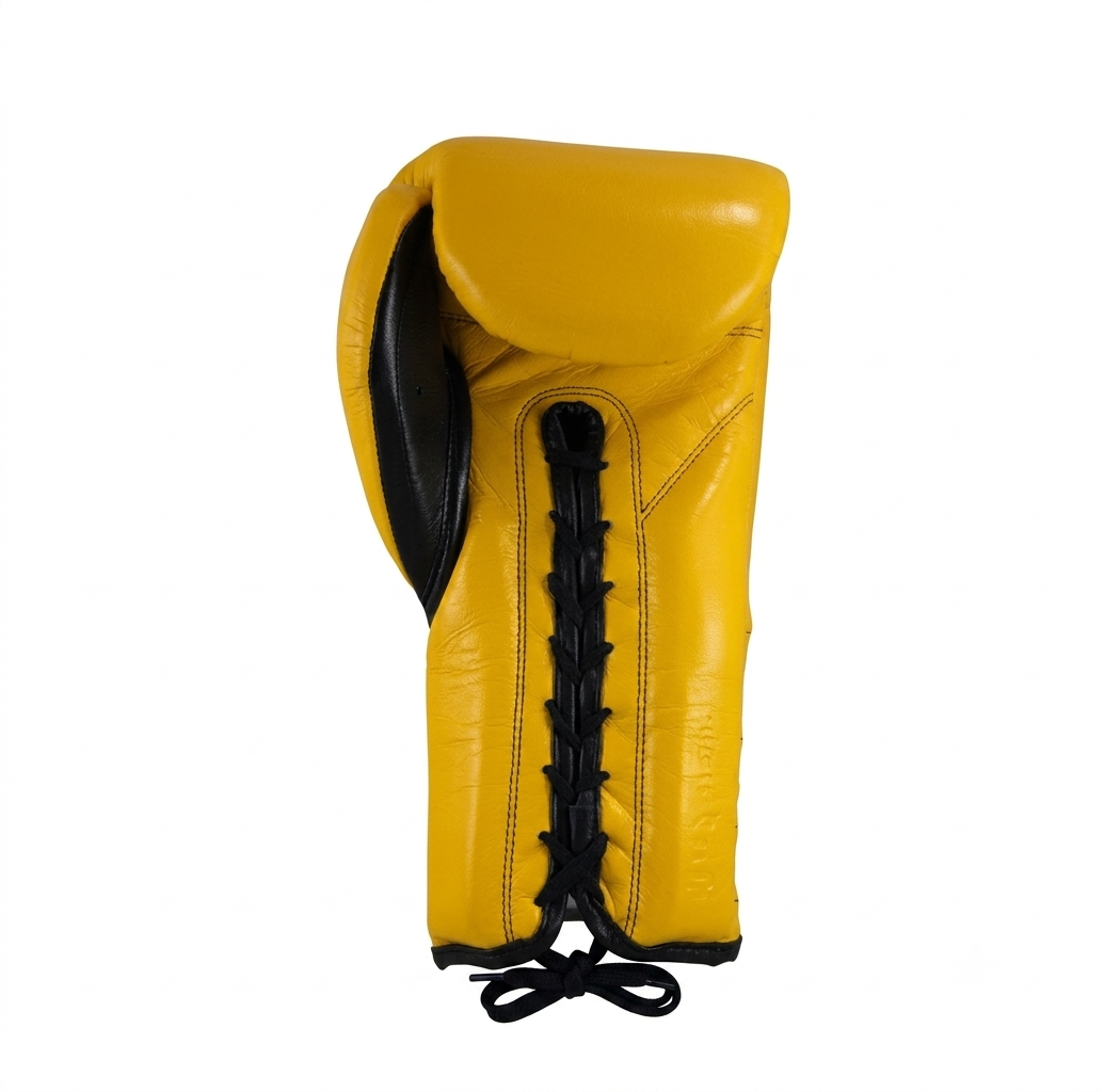 Cleto Reyes yellow leather boxing glove with black laces and trim shown from the back