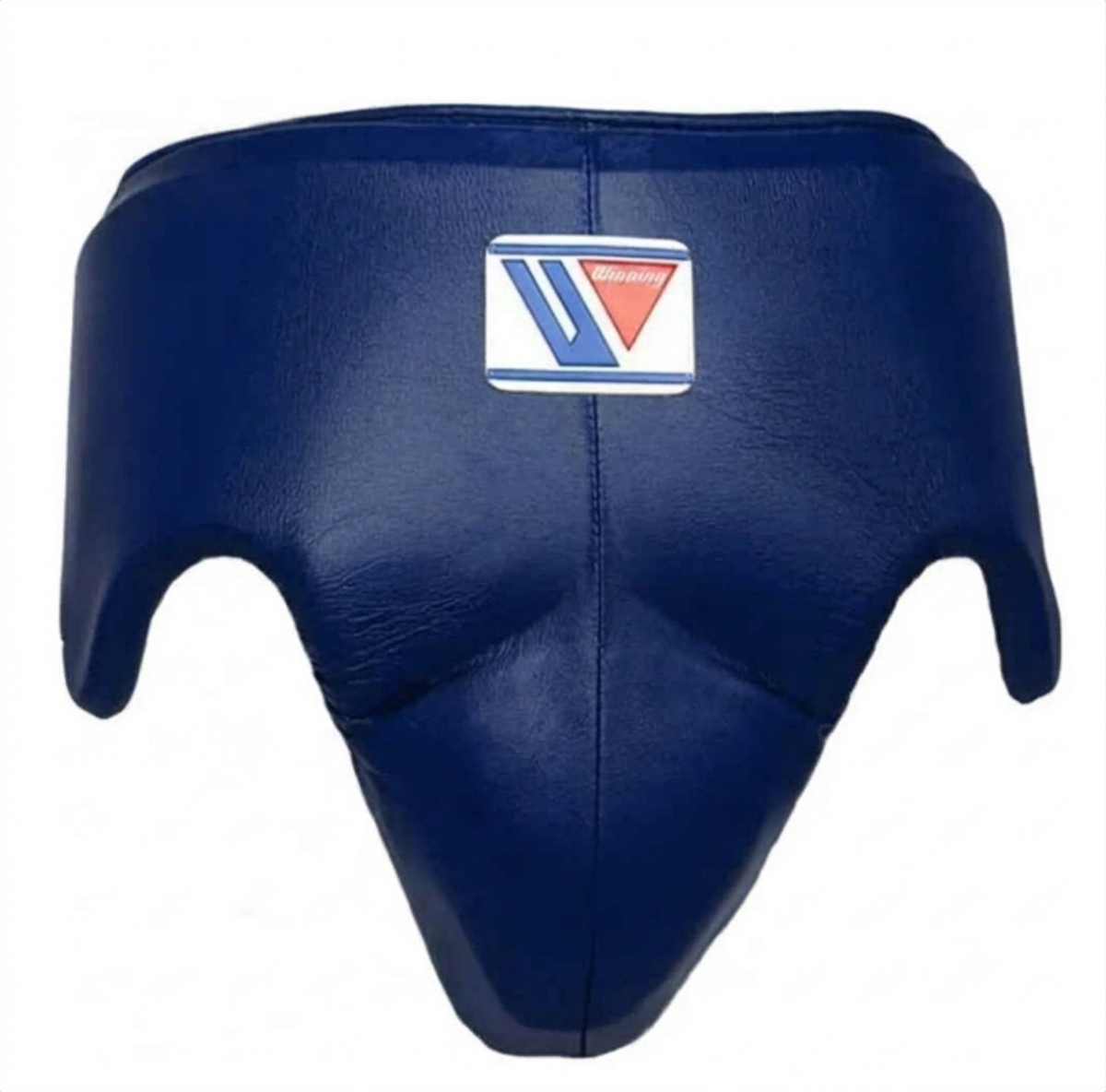 Winning navy blue leather boxing guard with brand logo patch on white background