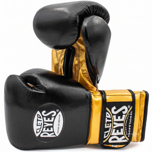 Cleto Reyes black and metallic gold leather boxing gloves side view