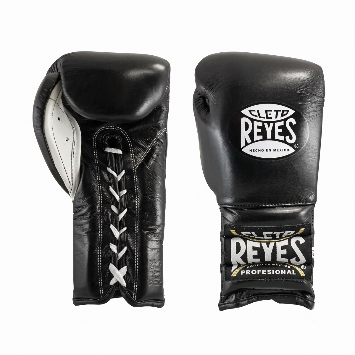 Cleto Reyes Black lace-up training boxing gloves pair front and side view