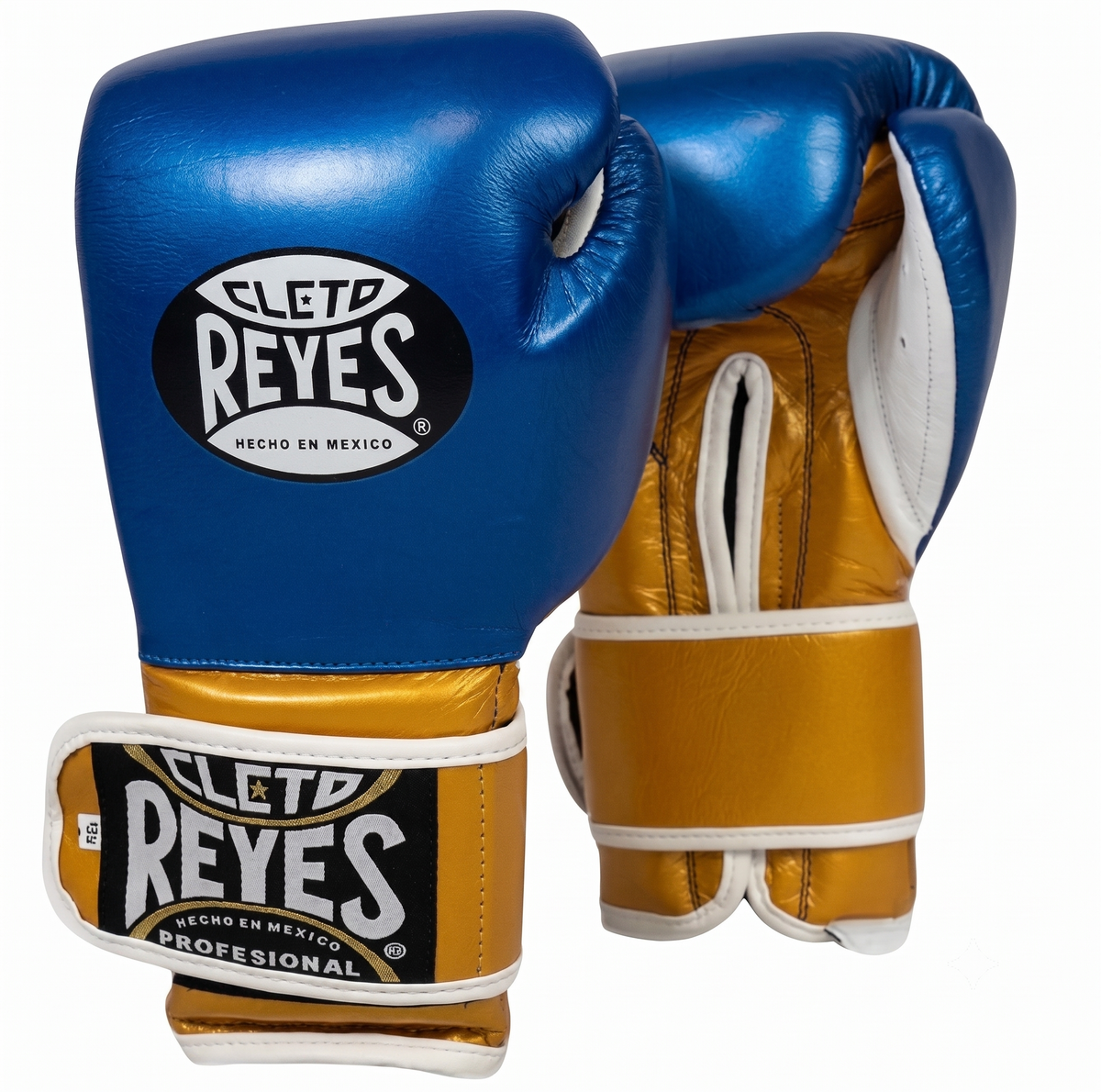 Cleto Reyes Metallic Blue and Gold Velcro training boxing gloves with white piping