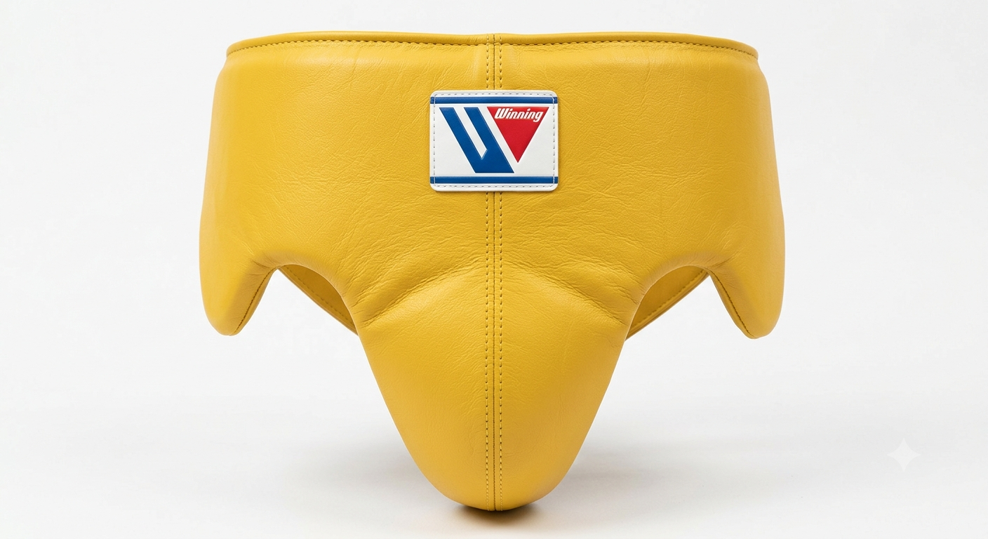 A yellow leather boxing headguard with a central brand patch, photographed against a clean white background.