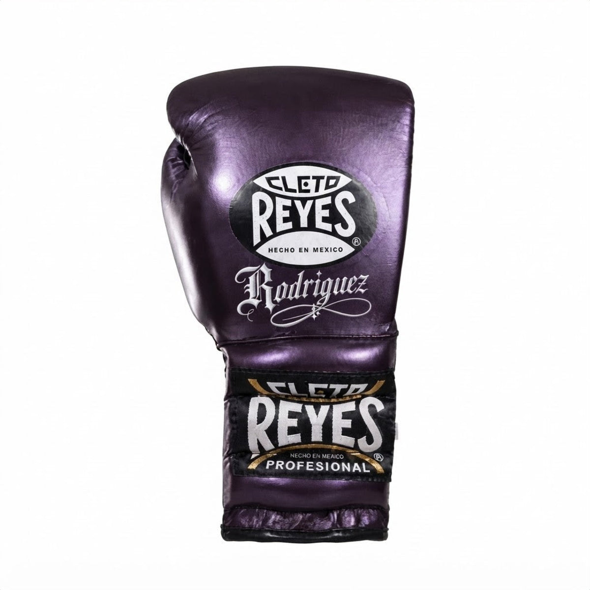 Close-up of metallic purple Cleto Reyes boxing gloves catching the light